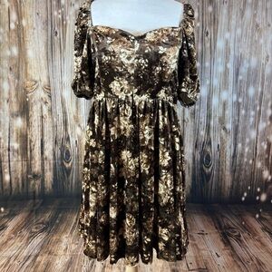 New Blu Pepper Women’s Dress L Cottagecore Velvet Brown Floral Fit Flare Knee